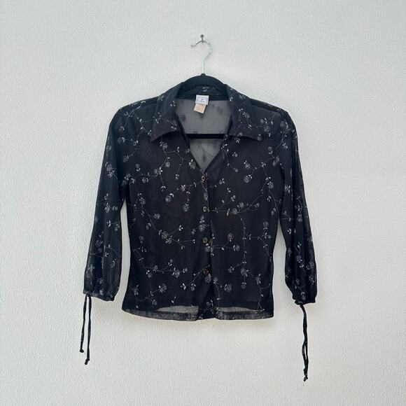 Vintage Womens Sheer Button Front Top Size L Black Y2K Whimsigoth Floral Grunge - Picture 8 of 14